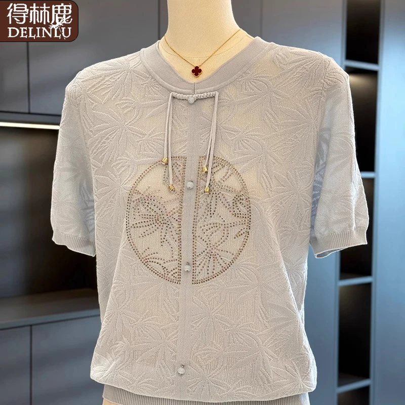 中国风妈妈装针织衫女短袖夏装新款上衣气质小衫减龄中老年T恤衫