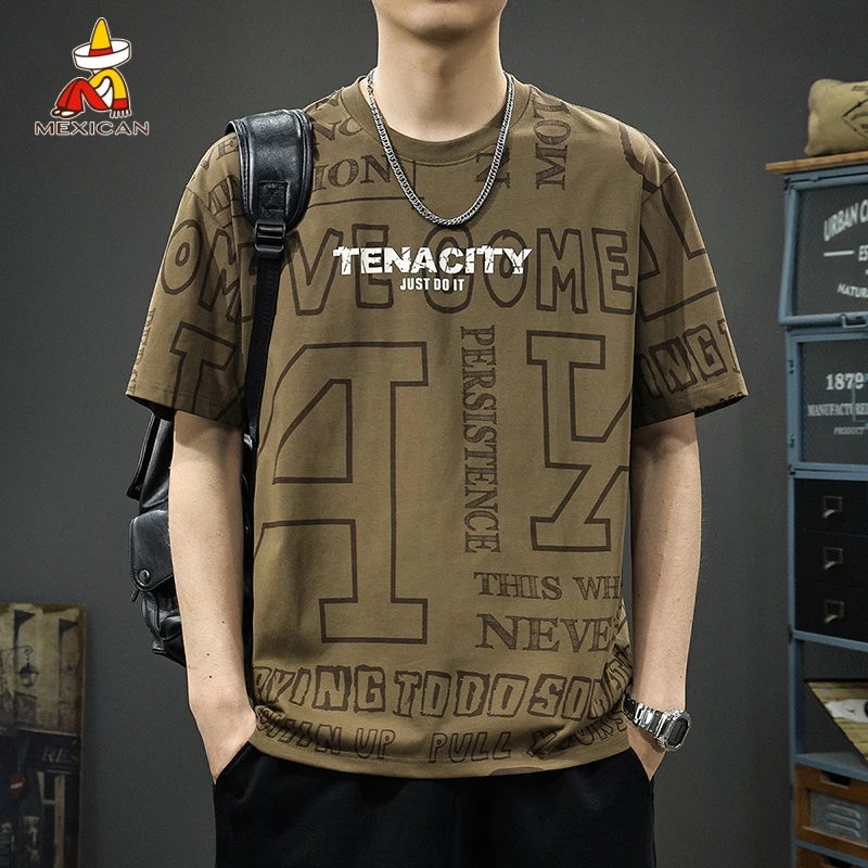 Mexican/稻草人夏季薄款男士t恤短袖美式设计感满印体恤宽松半袖