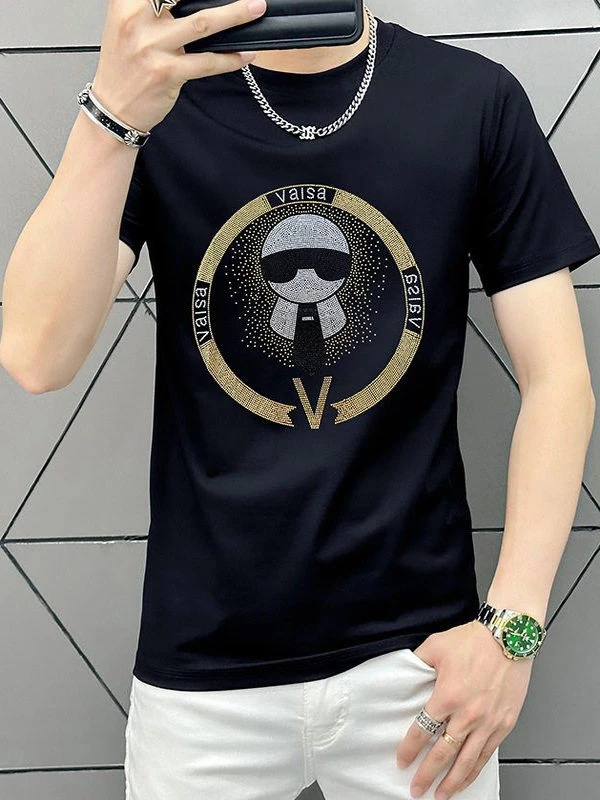 2025夏季新款男百搭潮流时尚欧货潮T恤轻奢烫钻字母圆领短袖上衣