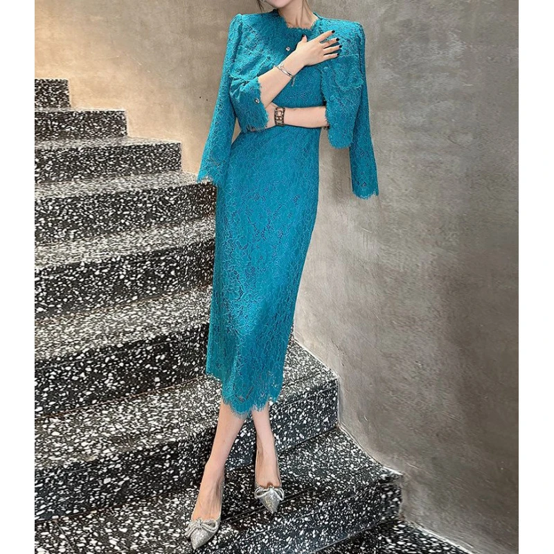 2025秋季新款名媛蕾丝套装时尚洋气无袖开叉包臀裙短上衣两件套女