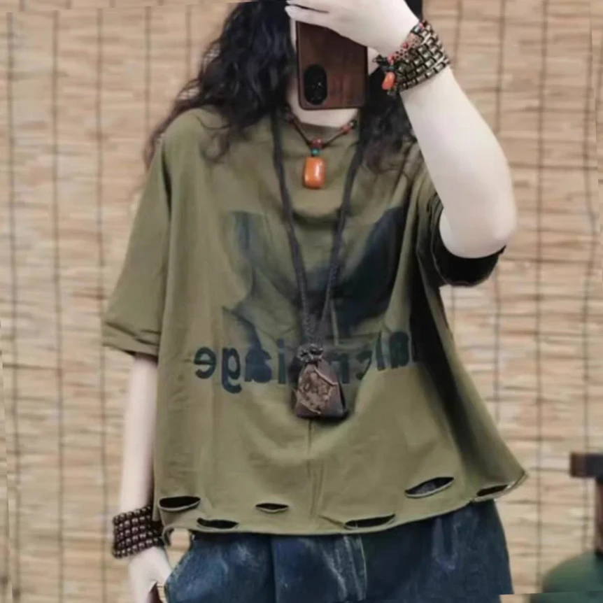 复古印花下摆破洞做旧圆领短袖t恤女宽松显瘦设计感夏季休闲上衣