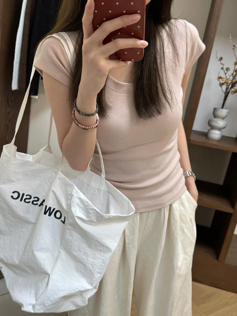 灰粉色正肩u领短袖T恤女夏季基础款百搭休闲甜辣收腰修身短款上衣
