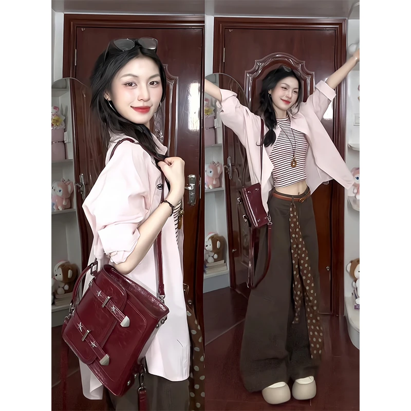 2025新款女士夏季休闲宽松百搭长袖衬衫内搭吊带高腰宽松阔腿裤
