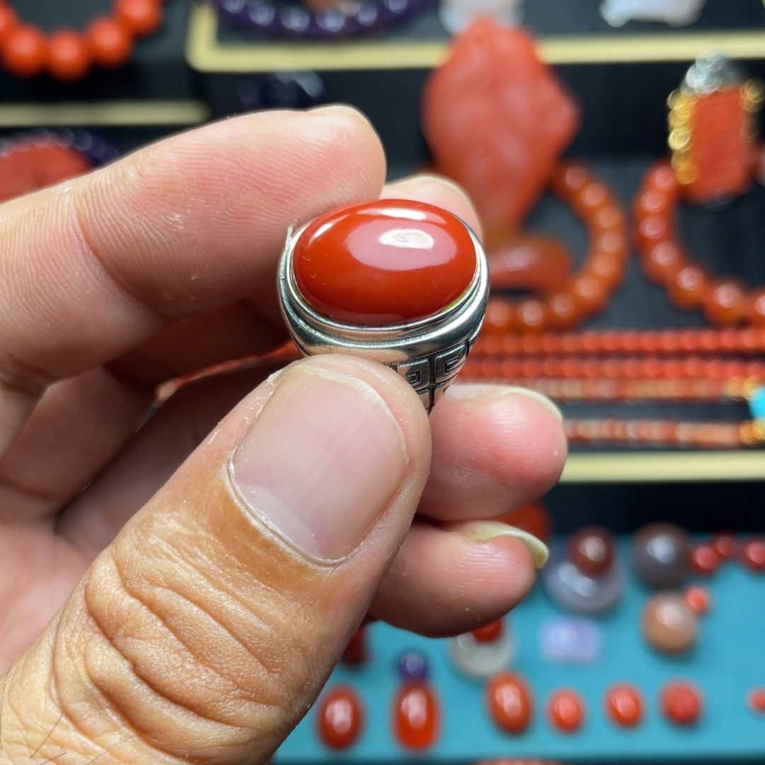 人***己南红玛瑙银S925镶嵌戒指