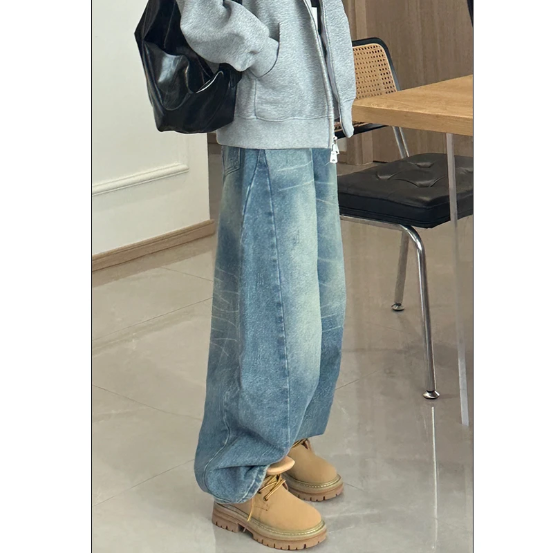 水洗复古弯刀牛仔裤女秋季新款高腰宽松解构抓痕设计感阔腿长裤
