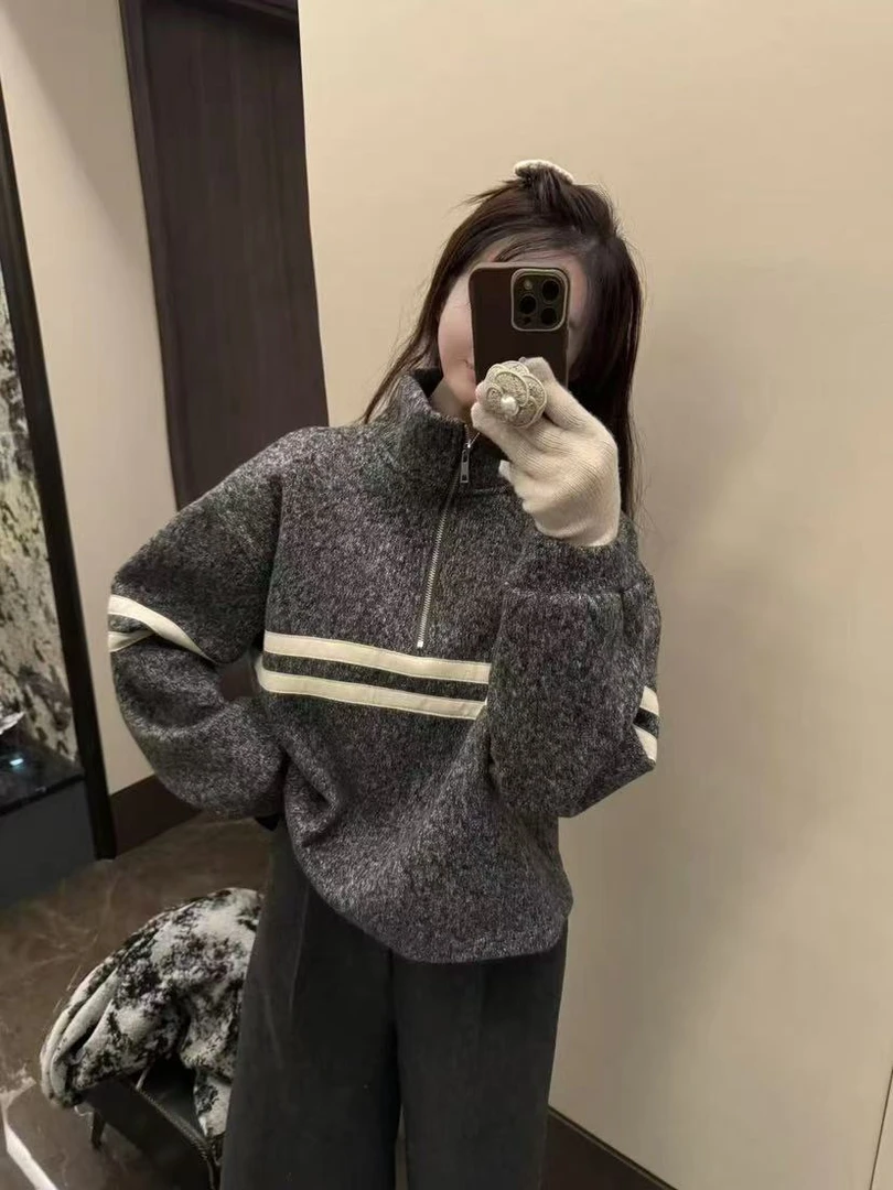 欧货立领半拉链加绒条纹印花卫衣女2025下摆抽绳厚绒