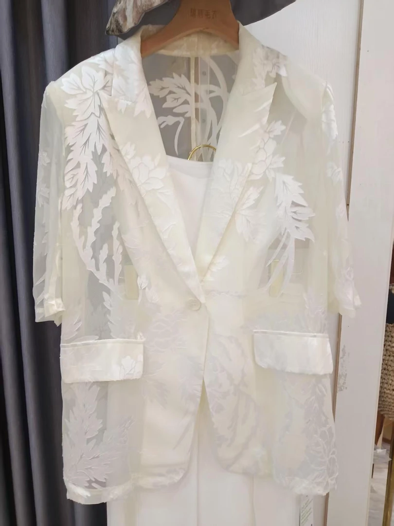GD*2025夏季新款专柜正品真丝印花提花薄款七分袖西装外套