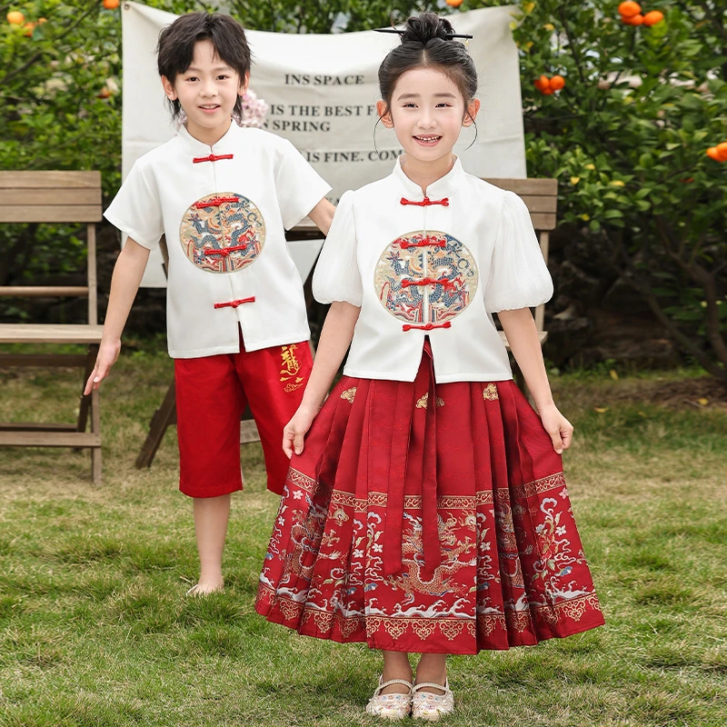 男童夏装套装2025新款短袖唐装汉服夏款女孩童装六一表演服古装潮