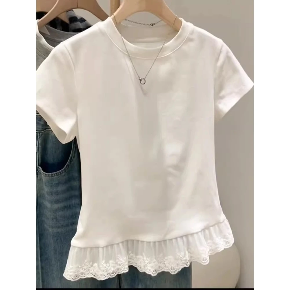 白色芭蕾风圆领蕾丝下摆短袖T恤女2025春夏新款内搭修身别致上衣
