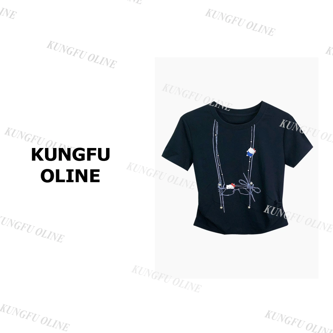 【Luu】T8778设计款卡通印花显瘦项链眼镜猫咪圆领短袖T恤潮流上衣