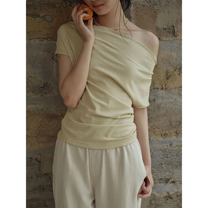 Botanique植物学 天丝亚麻棉斜肩两穿荡领T恤