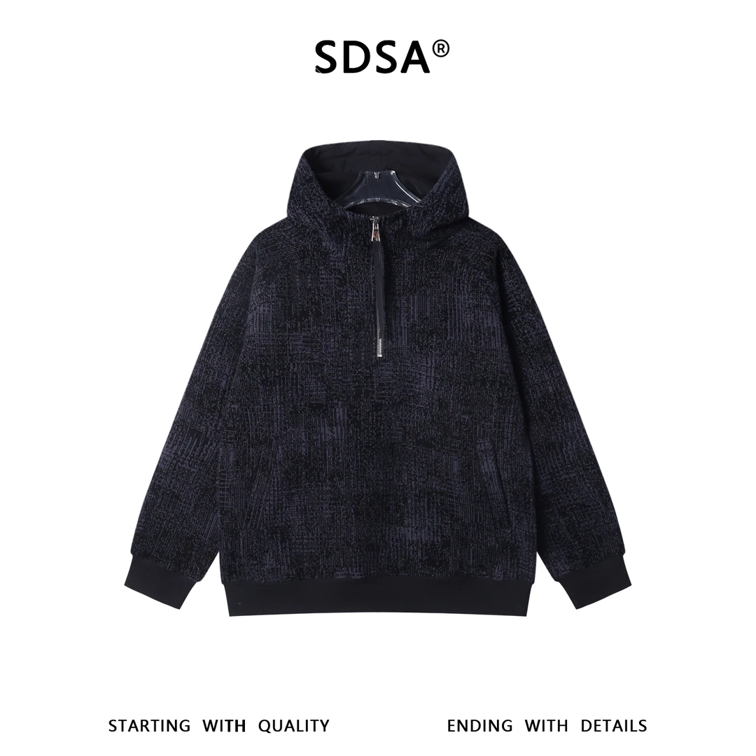SDSA男士秋冬新款痞帅男装宽松百搭撞色绒毛半拉链立领连帽卫衣潮