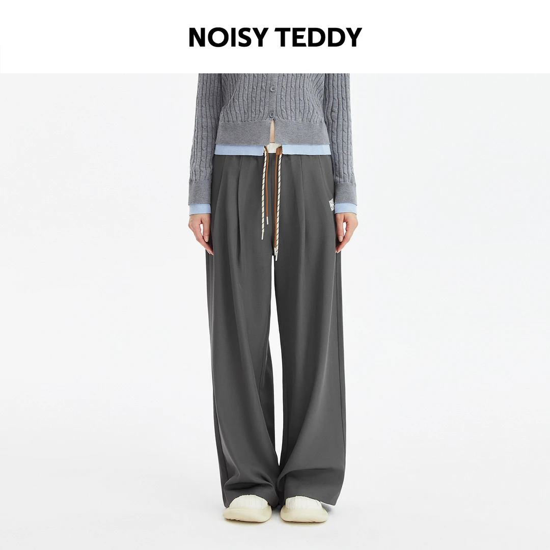 NOISY TEDDY双色抽绳休闲长裤简约百搭腰头撞色显瘦直筒休闲裤女
