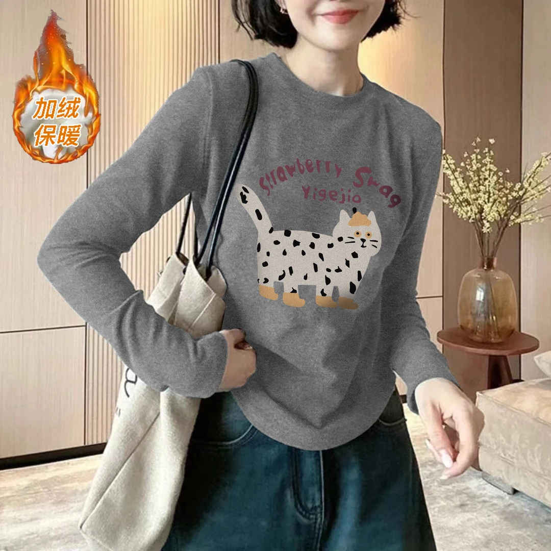 清仓-加绒保暖·外贸品质【数码印卡通猫咪】长袖搭显瘦保暖24194