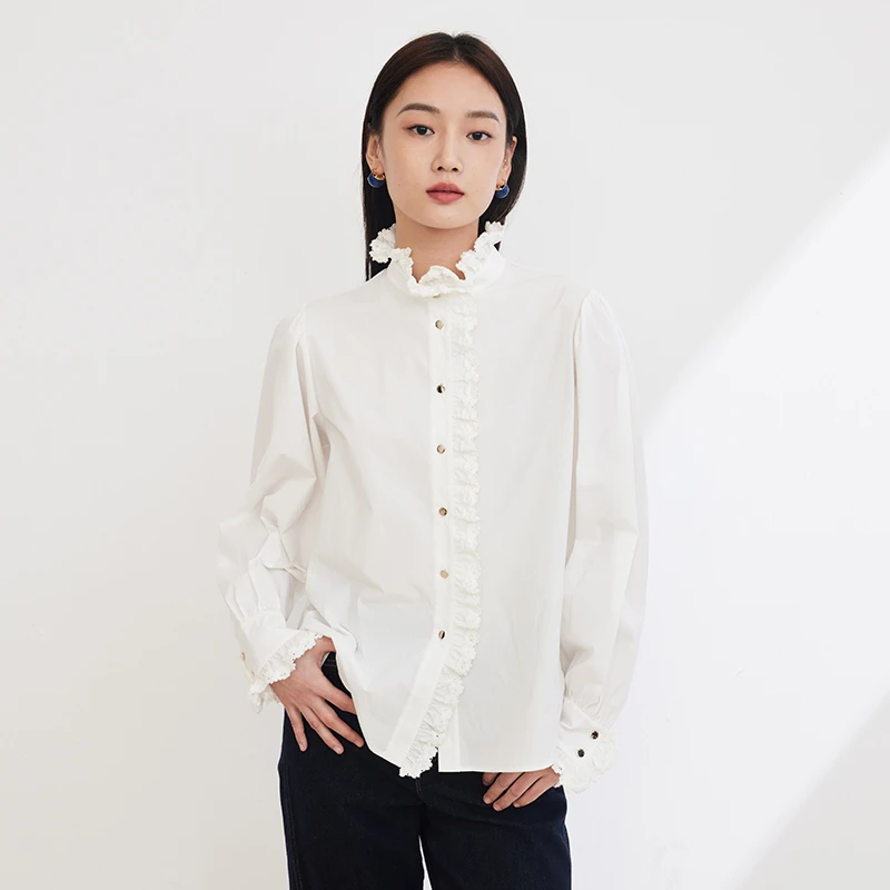 EP YAYING雅莹女装 长绒棉长袖木耳边白衬衫女 早春新品2210A