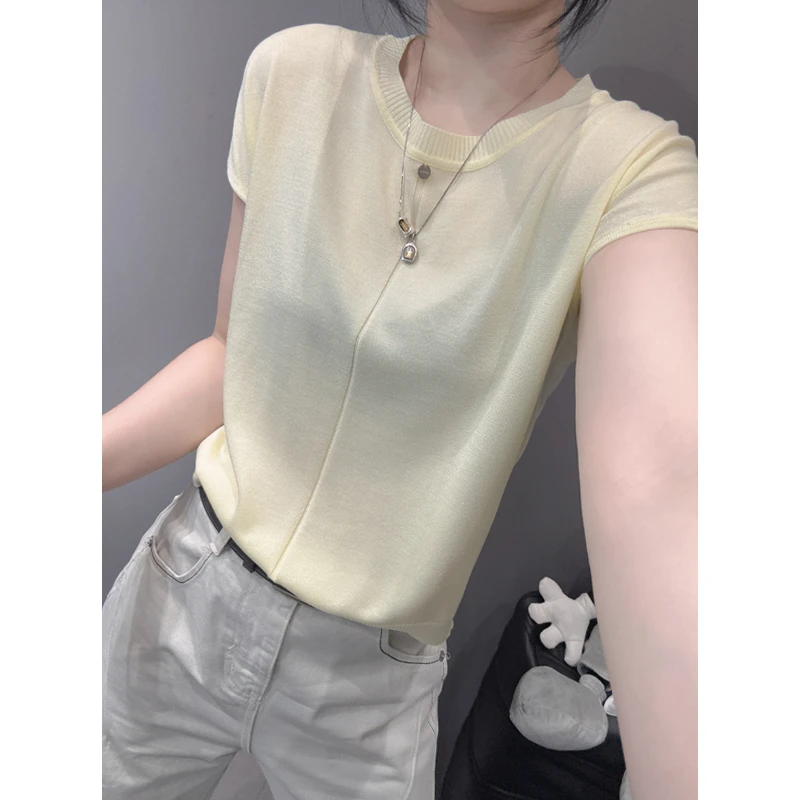 夏季新款欧货洋气纯色冰丝针织衫女短袖宽松显瘦轻盈薄款鱼骨上衣