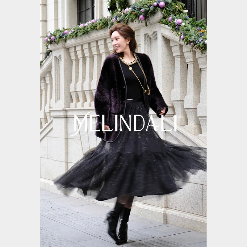 Melinda Li【星河】法式复古赫本风细闪洒金网纱蓬松仙女裙A字半裙