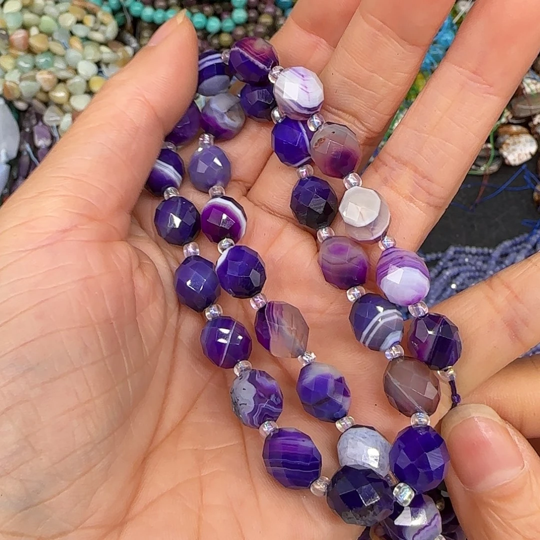 玛瑙/玉髓合金珠宝半成品紫玛瑙椭圆切面7mm一条