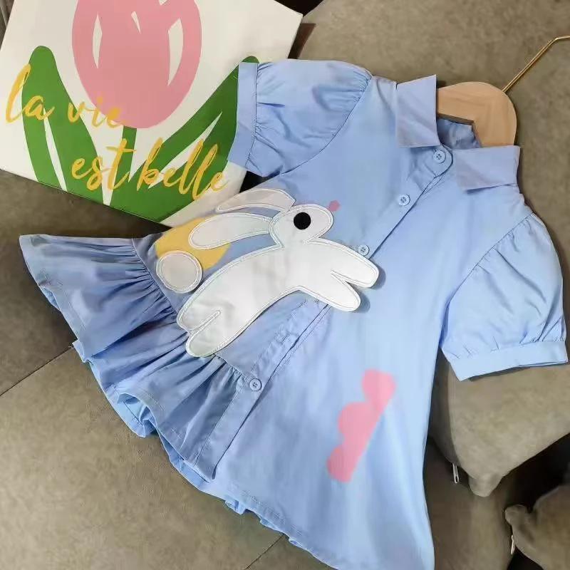 2025夏季新款韩版女童洋气泡泡袖衬衫裙宝宝卡通兔子公主裙子