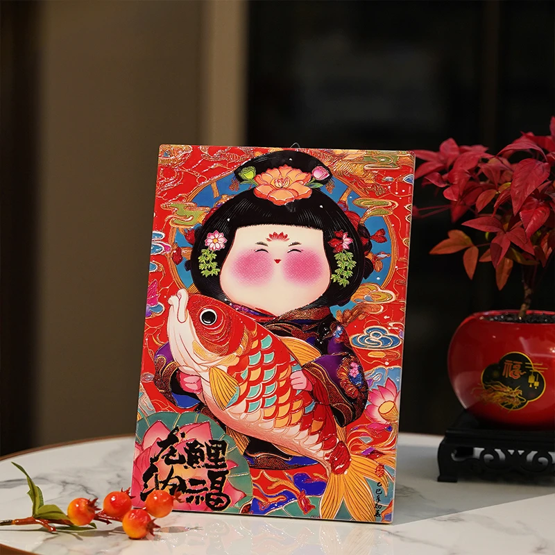 古风唐贵妃锦鲤福鱼瓷板画高级感小众卧室复古书房玄关装饰品摆件