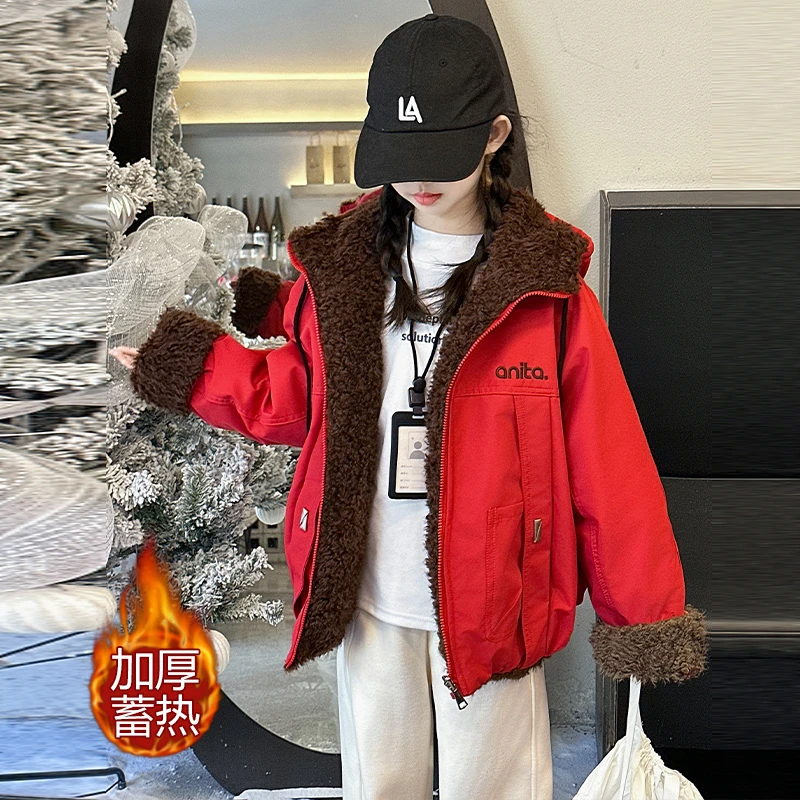 【嘻嘻柚】女童冬季双面穿加厚派克服棉衣2025新款韩版连帽棉服外套