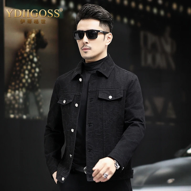 YDIIGOSS休闲牛仔夹克男春秋季新款时尚潮流压花复古通勤男装翻领