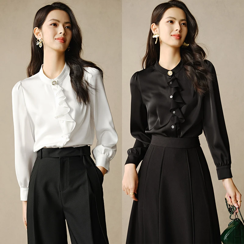 晚白欧若风简约衬衣气质优雅通勤百搭显瘦纯色淑女衬衫女24121036