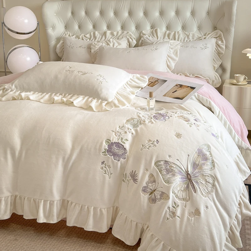 A类高克重牛奶绒刺绣四件套-蝶之恋系列