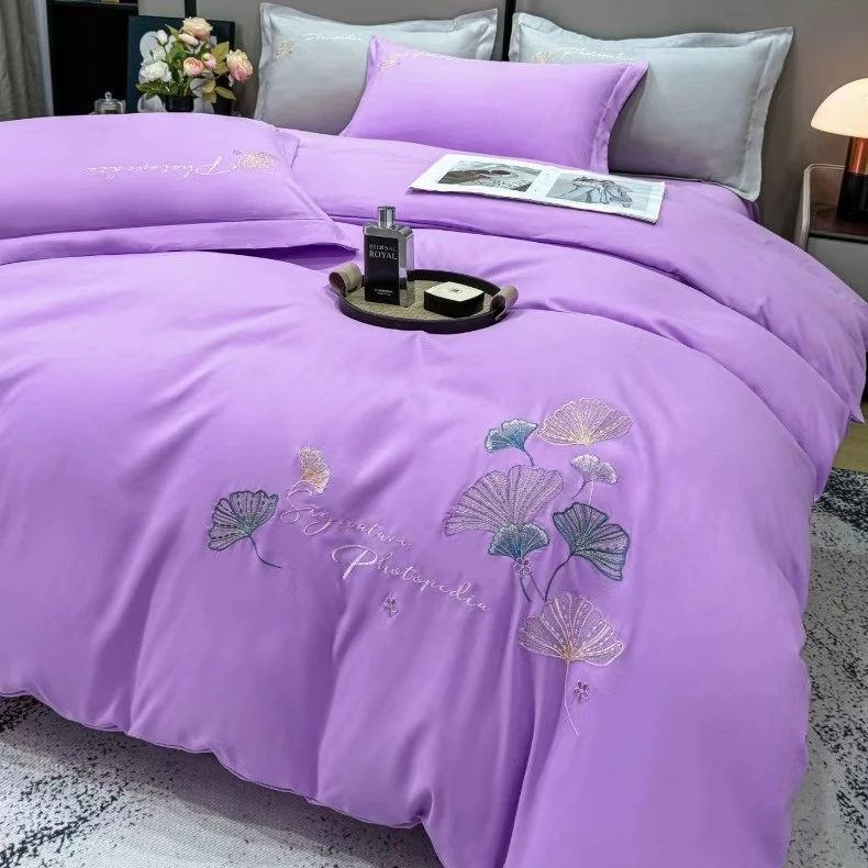 床品套件冬季加厚60支磨毛纯色刺绣四件套时髦小姨风床单亲肤高档