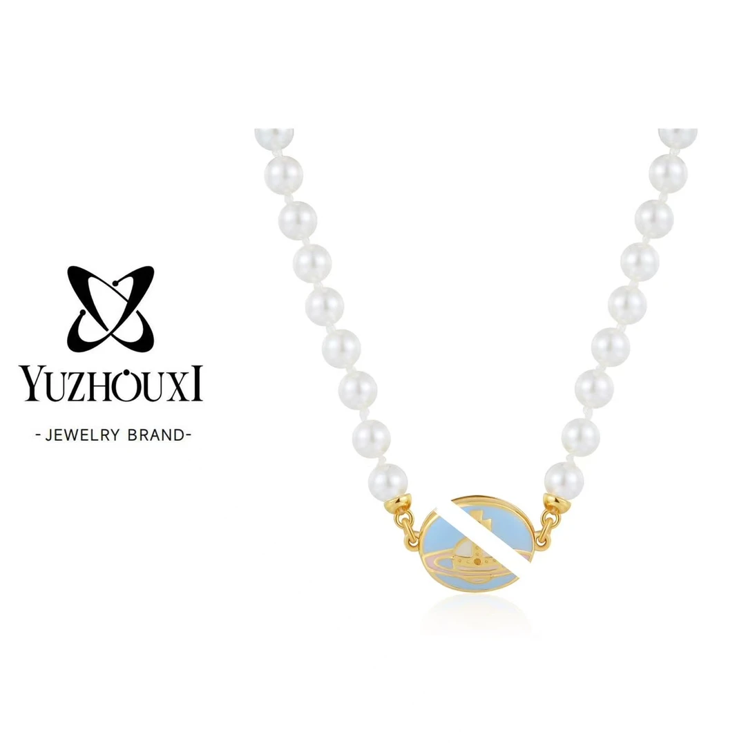 铜合金仿珍珠项链  G5-059【搪瓷玻璃滴油磁吸星球蓝色限定色项链】