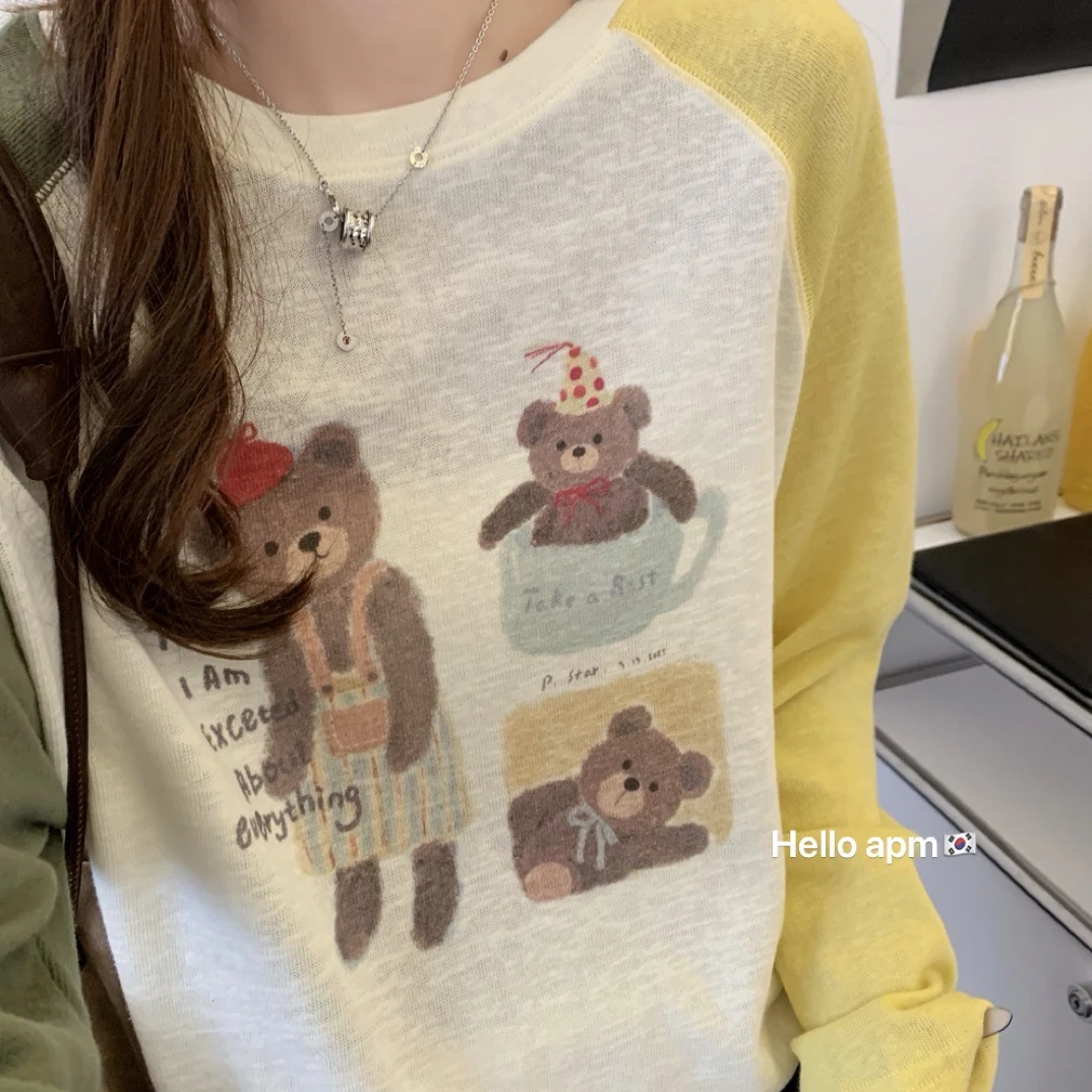 韩国erume插肩袖常规袖印花长袖卡通T恤打底衫套头休闲宽松芭蕾风