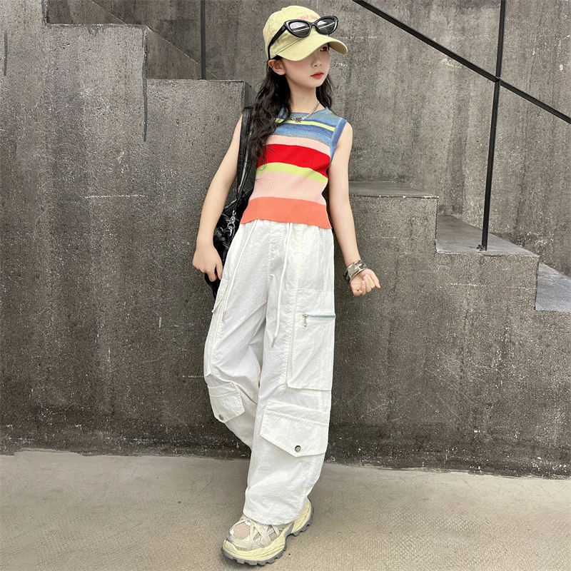 女童工装裤夏薄款2025新款冰丝背心白色裤子夏季女大童炸街阔腿裤