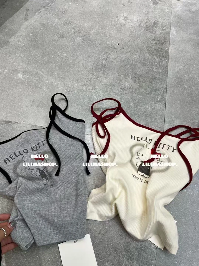 很洋气很好看的弹力紧身吊带背心 图案很可爱