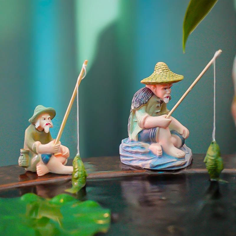 姜太公钓鱼老头人物鱼缸假山树脂装饰品盆景庭院鱼池客厅摆件