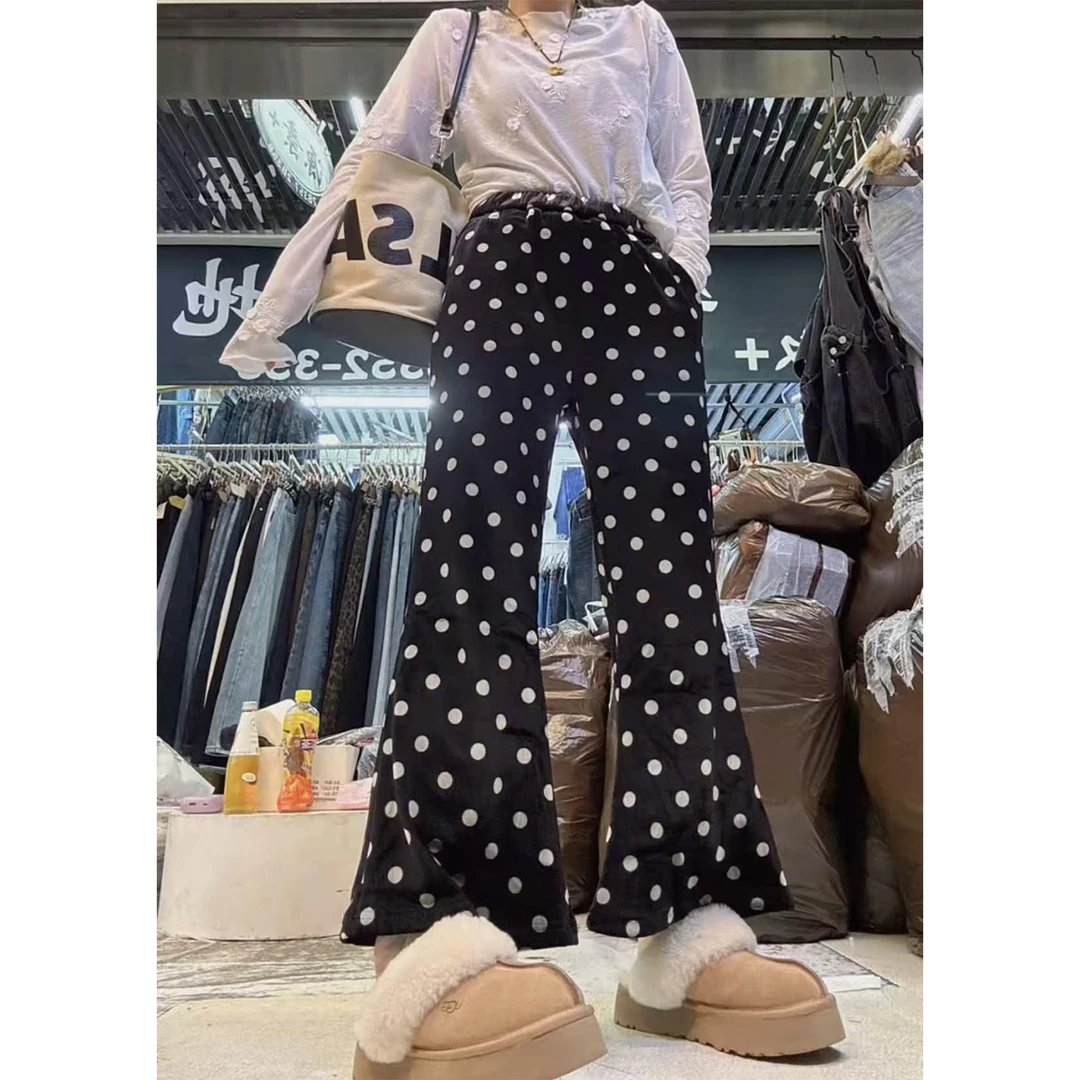 秋冬新款加绒加厚波点休闲裤女修身显瘦时尚百搭洋气微喇叭裤长裤