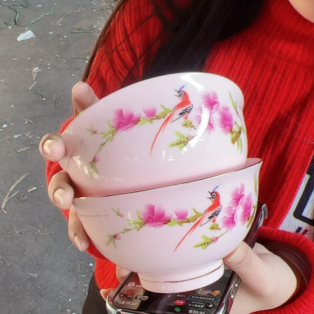 摆件陶景德镇红xixi徽章水点桃花碗2个