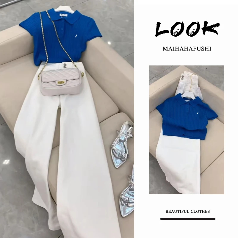 夏季时尚一整套女装2025新款爆款简约时尚短上衣高腰阔腿裤两件套