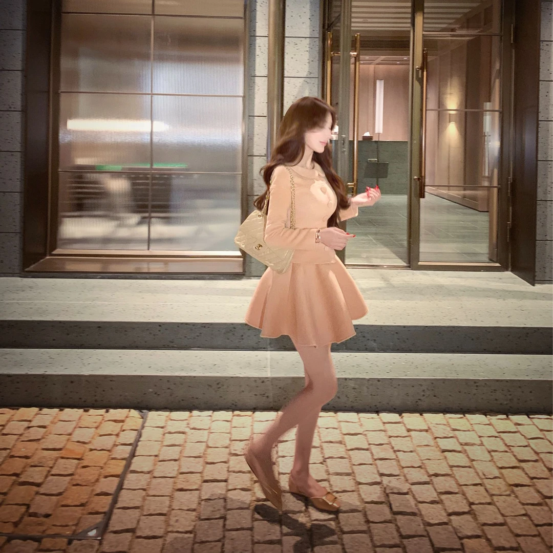 WW定制「半熟冬日」显瘦气质小香风时尚网红小众设计感上衣半裙套装