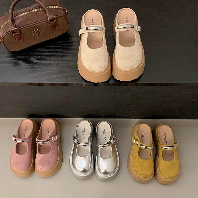 超火包头半拖鞋女外穿高级感2025新款夏松糕厚底勃肯鞋配裙子凉拖