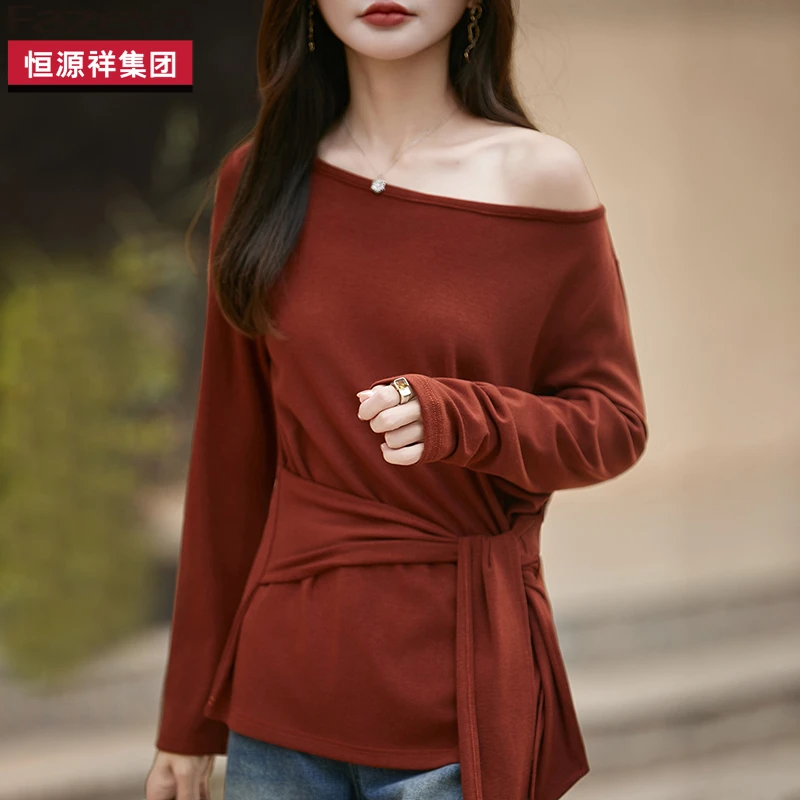 恒源祥集团彩羊韩系一字肩绑带收腰上女秋季新款长袖上衣红色显瘦