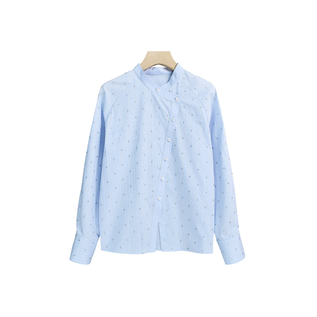 【菲儿】重工镶钻蓝色条纹设计感衬衫-Y15649