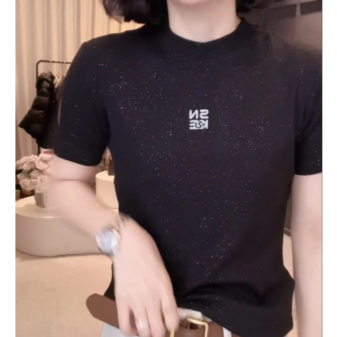 2025春季新款圆领设计字母烫钻时尚百搭修身显瘦上衣短袖女装潮