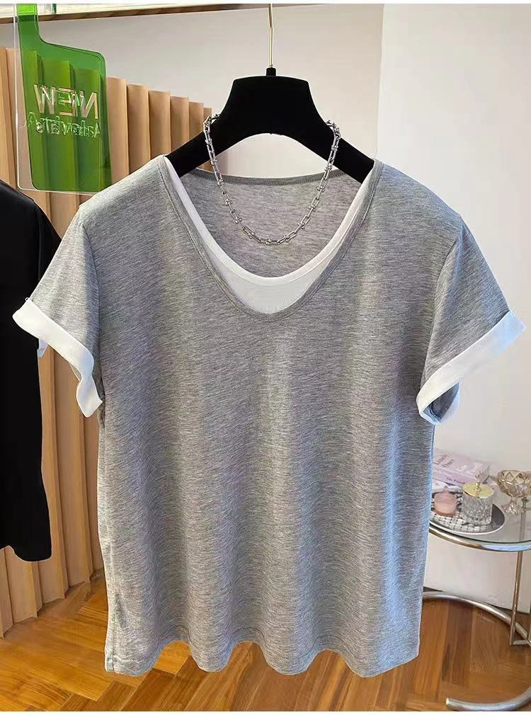 大码灰色假两件V领t恤女短袖2025新款宽松休闲显瘦薄款胖mm上衣夏