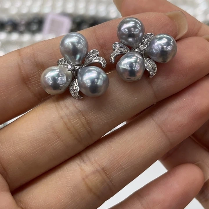 银S925镶嵌耳饰海水珍珠8-9mm56号