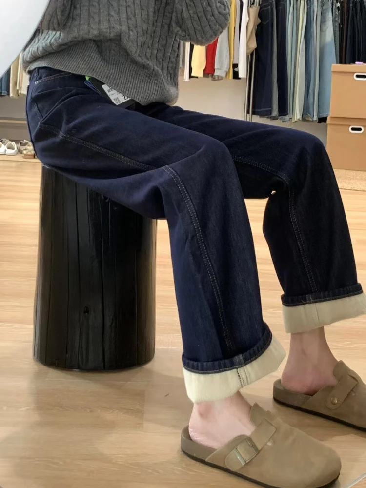 深蓝色复古加绒加厚直筒牛仔裤女冬季大码胖mm高腰遮胯窄版阔腿裤