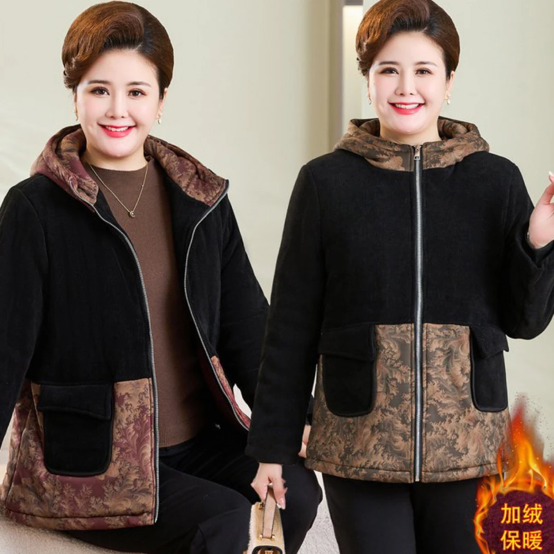胖妈妈棉服冬装加绒加厚外套中老年人加肥加大码棉袄奶奶连帽棉衣