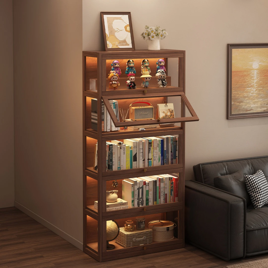 实木展示柜胡桃色中古风手办盲盒收纳柜家用书柜储物一体靠墙落地
