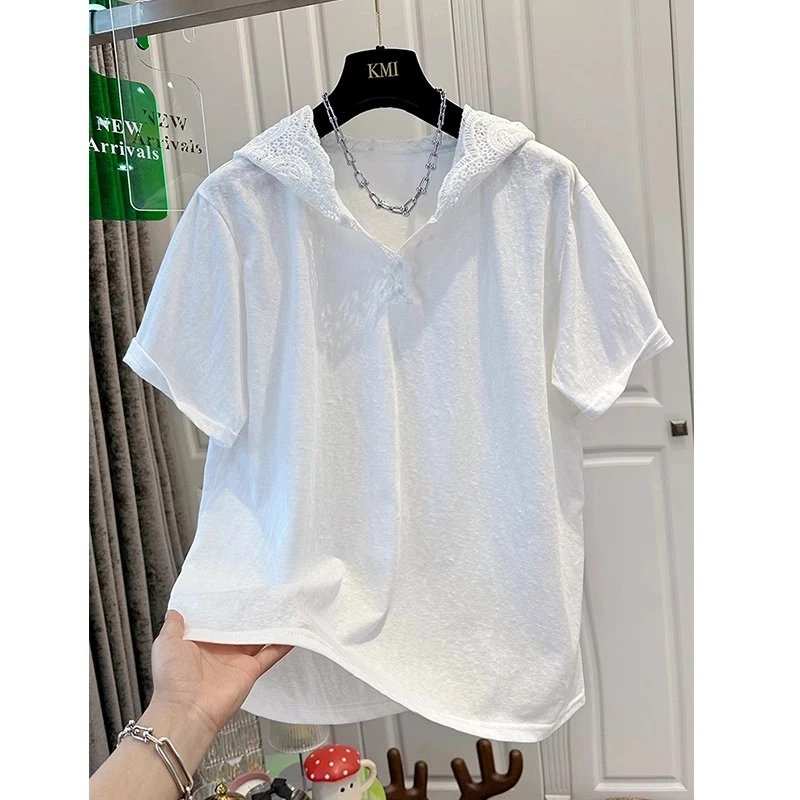 胖妹妹240斤大码超好看独特钉珠连帽蕾丝T恤衫女夏季轻薄短袖上衣