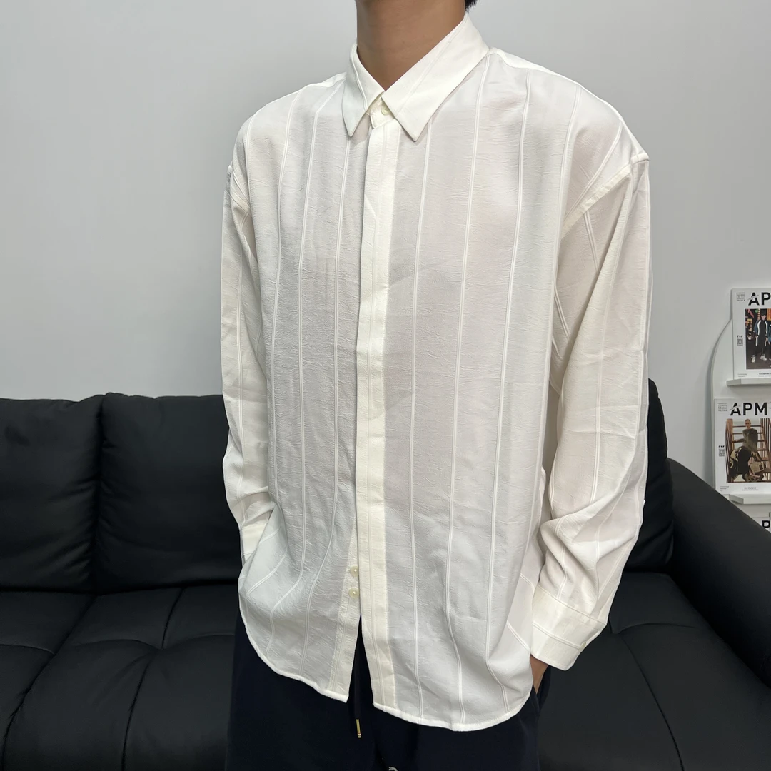 暗纹设计肌理感条纹衬衫男长袖休闲白色上衣高级感男士衬衣痞帅