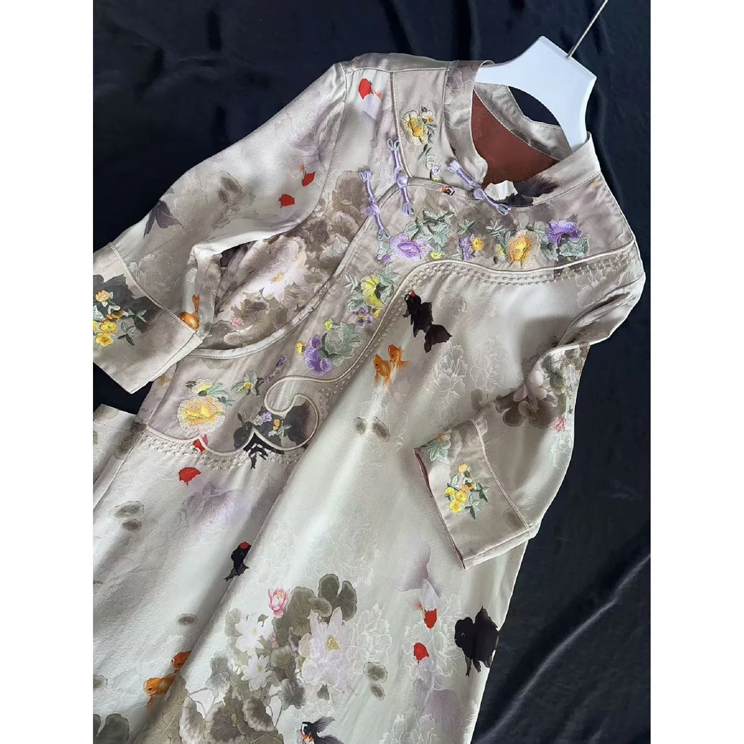 2498-常熟新中式春秋新款【年年有鱼】老料气质国风重磅连衣裙